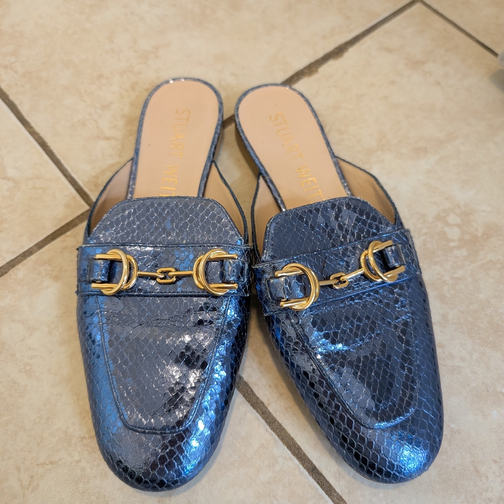 Stuart Weitzman Metallic Blue Snake Print Mules